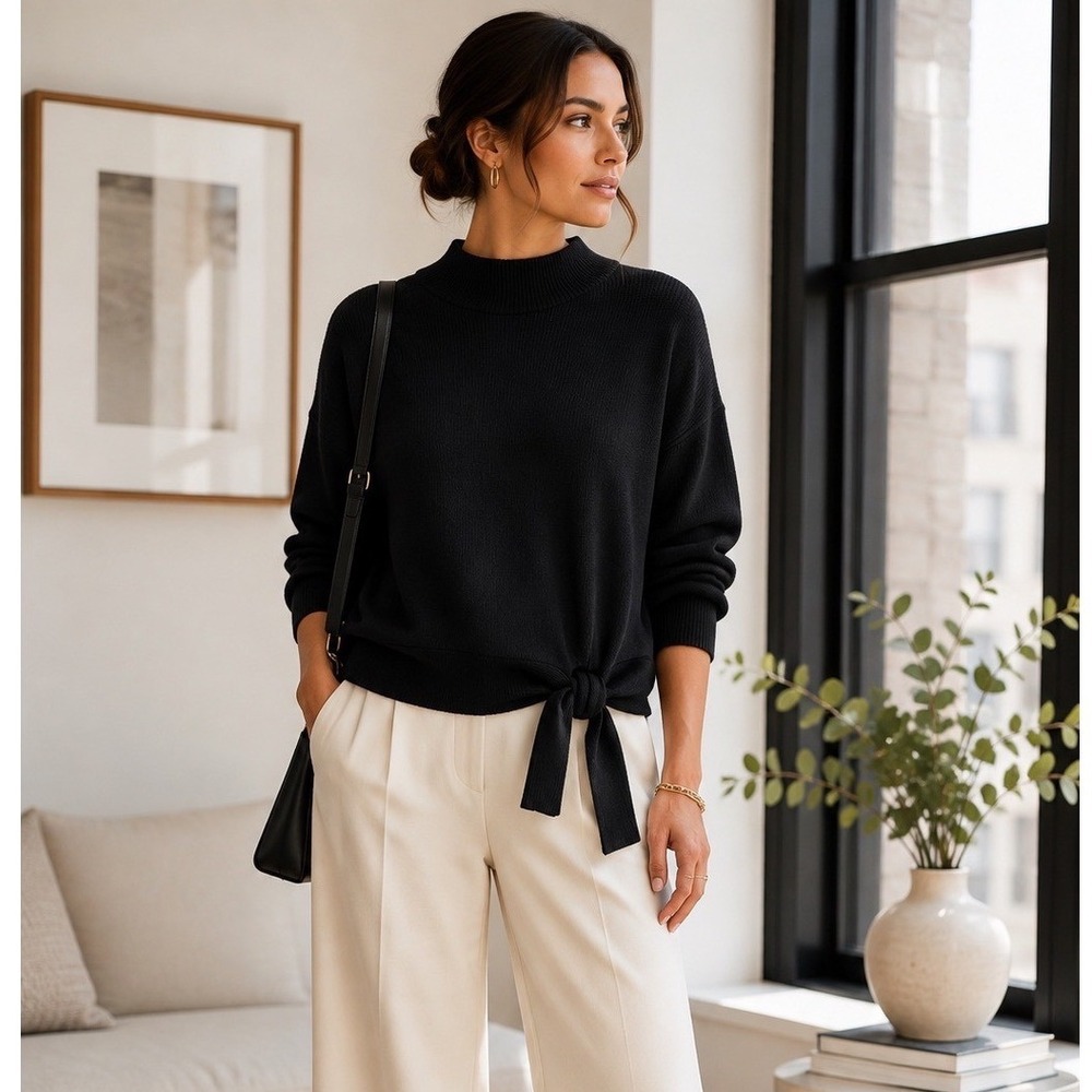 Chico's Black Tie Front Cashmere Blend Sweater Size 2 Large NWT